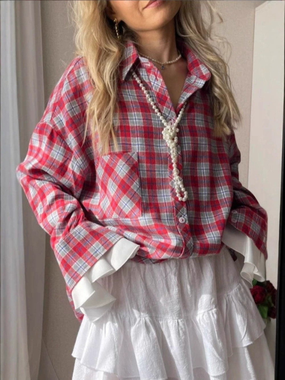 Zara Red Blue Plaid Shirt Contrast Collar Casual Loose Sun Protection Jacket
